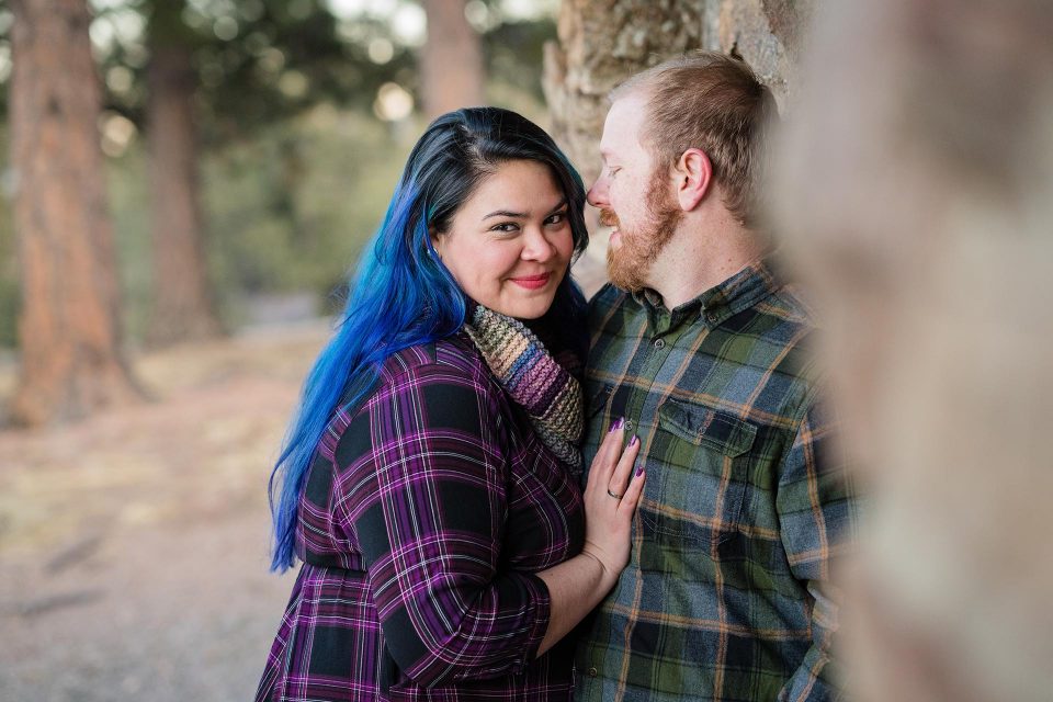 Happy engaged couple outdoors Arvada Colorado